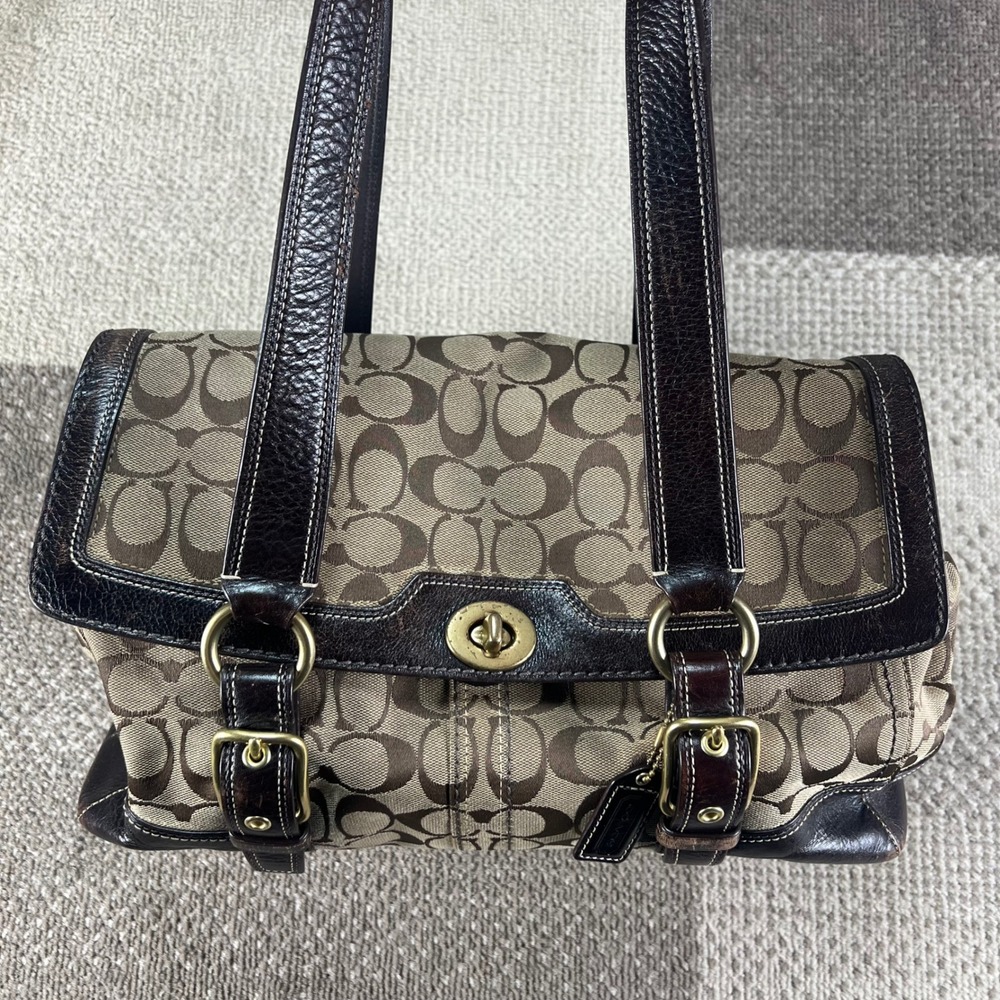 Coach Signature Hampton Flap Satchel #11061 Bag Purse Shoulder Tote Leather Trim